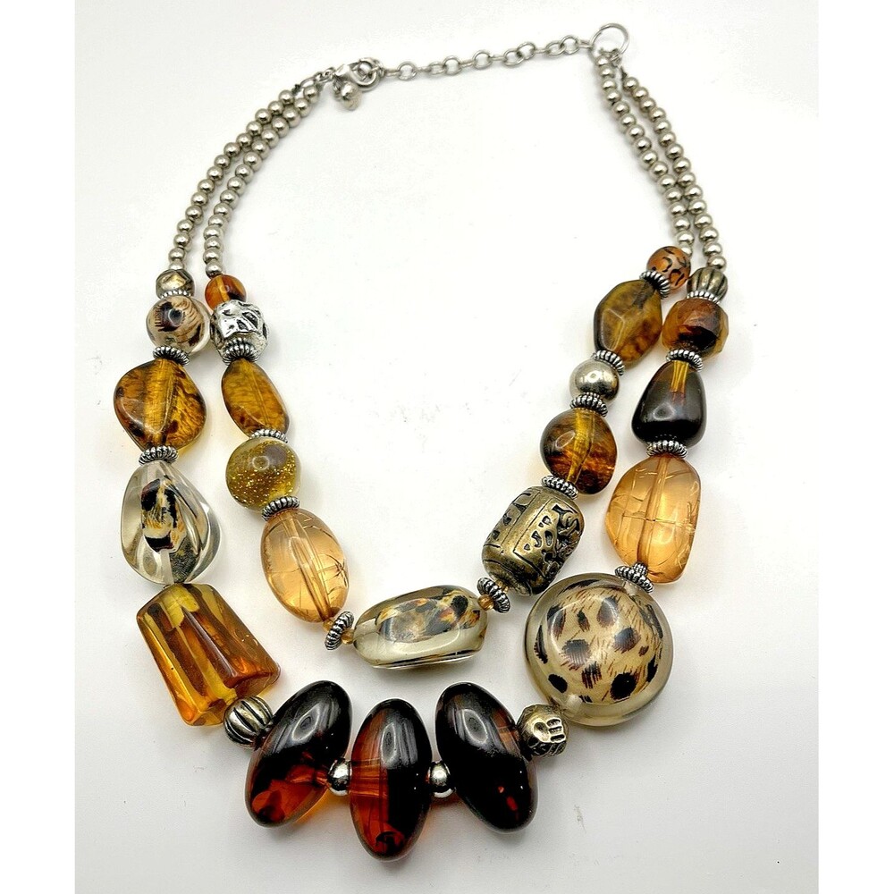 Art Glass Beaded Necklace Animal Print $ Amber Hues Separated by Gold Tone Beads